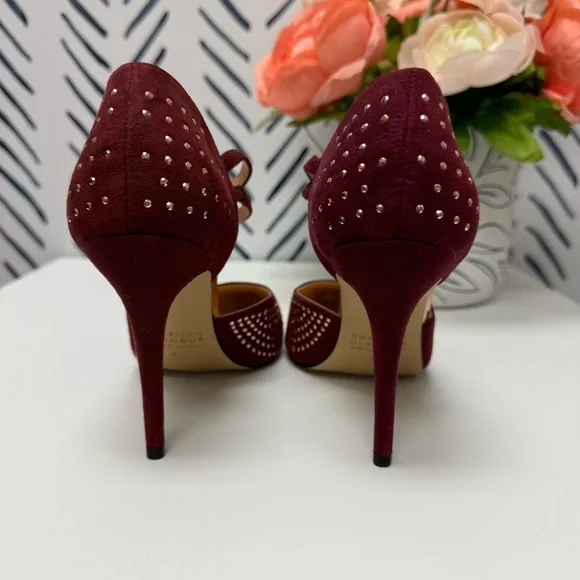 6.5 - Badgley Mischka American Glamour Burgundy Faux Suede Studded Pumps - Picture 5 of 7